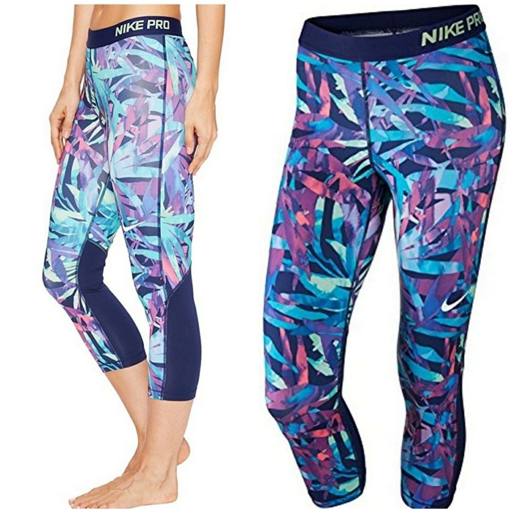 NIKE Pro Cool Capri Painted Palm Leggings Blue